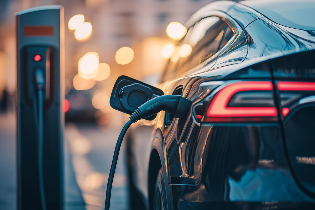 Ein E-Auto mit Ladekabel (Nahaufnahme)