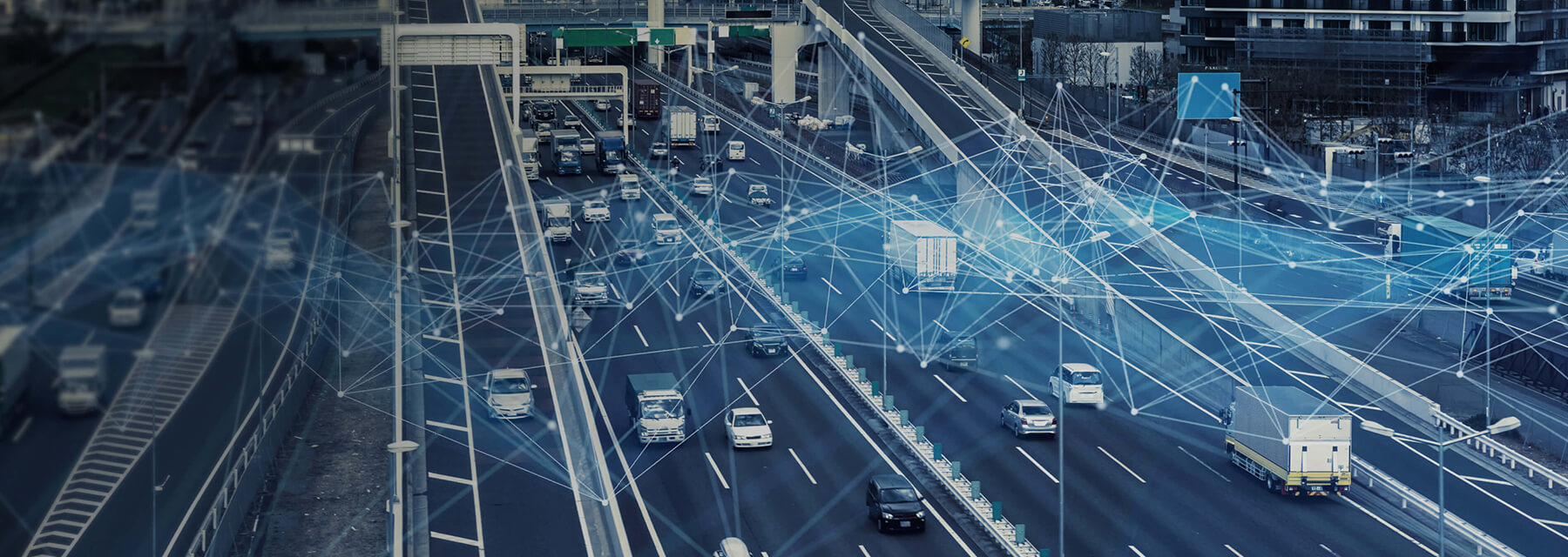 Autobahn mit Symbolen, die ein vernetztes System anzeigen.