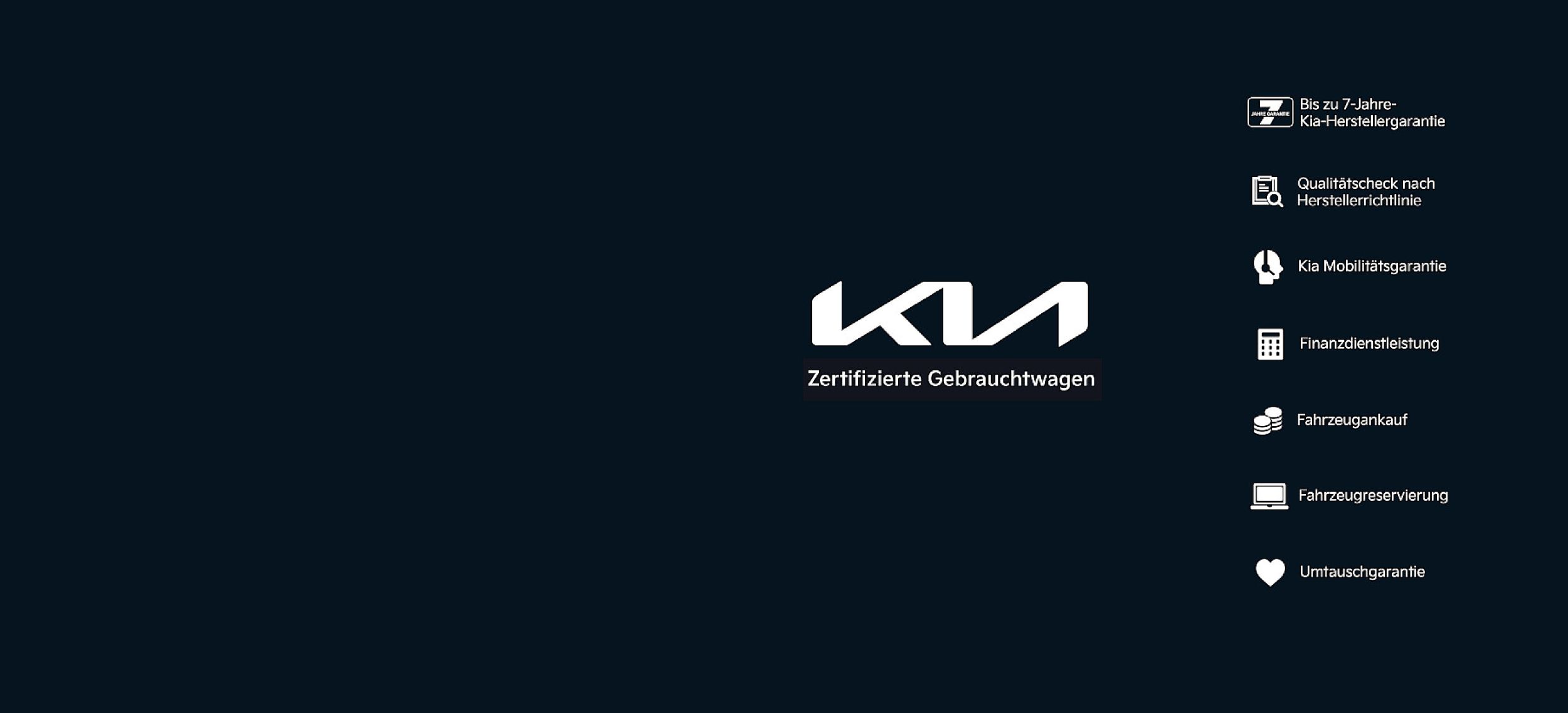 weißes Kia Logo mit Icons zu den Vorteilen der Kia zertifizierten Gebrauchtwagen
